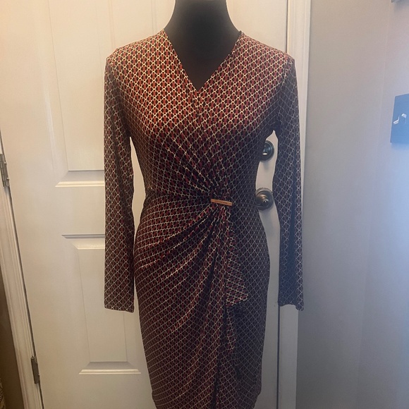 Michael Kors Red Gold Black Chain Print Long Sleeve Dress - Picture 1 of 15